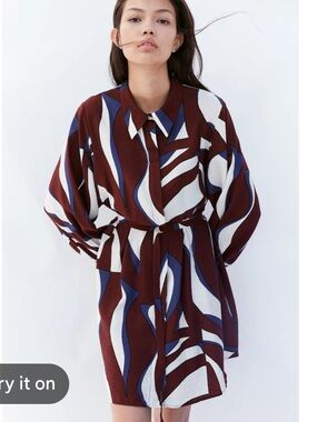 H&M Abstract Mini Shirt Dress in Burgundy, Cream & Blue